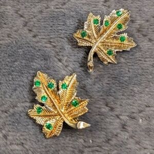 Vintage Goldtone & Green Rhinestone Maple Leaf Scatter Pins -Qty (2)